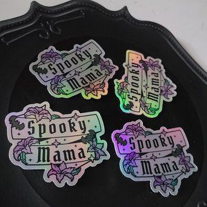 Spooky Mama Holographic Vinyl Sticker, Witch, Bats